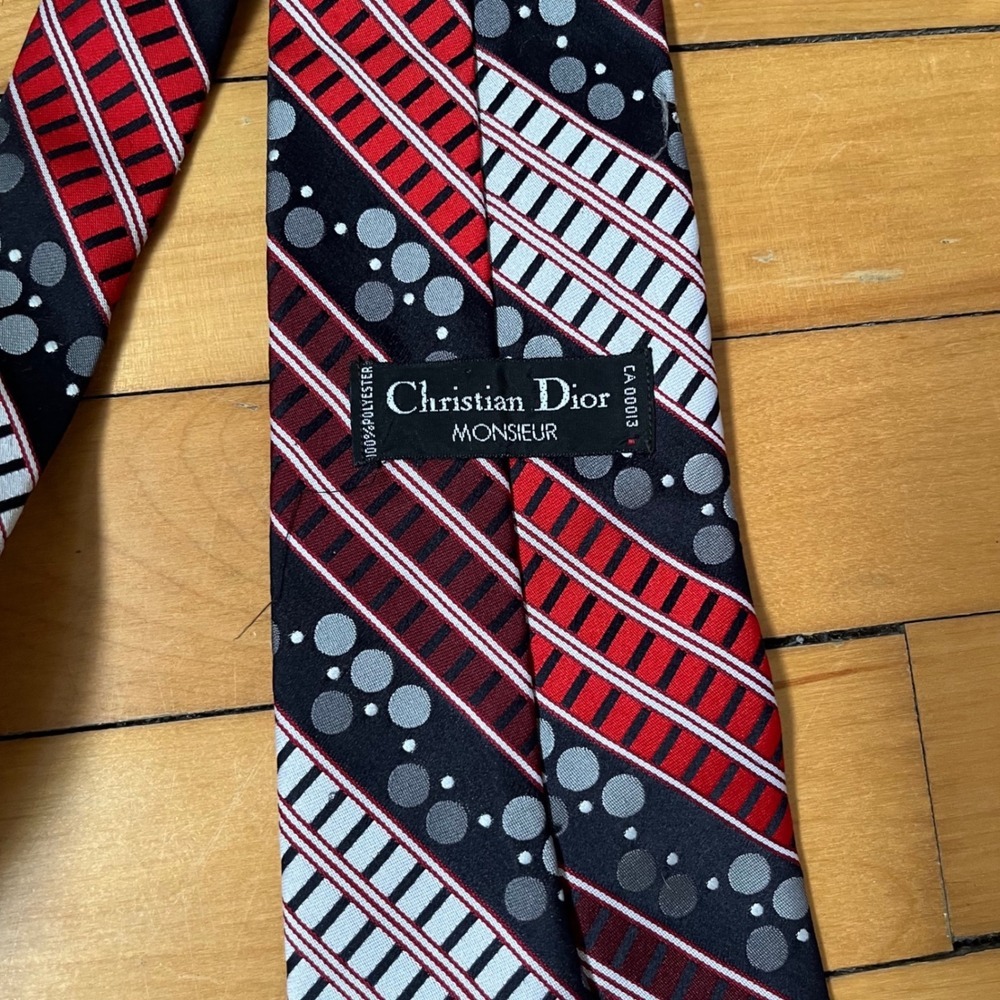 Christian Dior Monsieur Vintage Geometric Stripe Polka Dot Tie Navy Red White